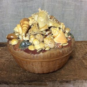 MID CENTURY REAL SHELL HANDMADE TREASURE BASKET